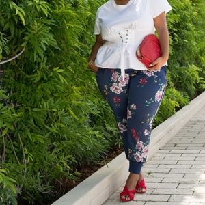 Lane Bryant Blue Floral Silk Glitter Track Stripe